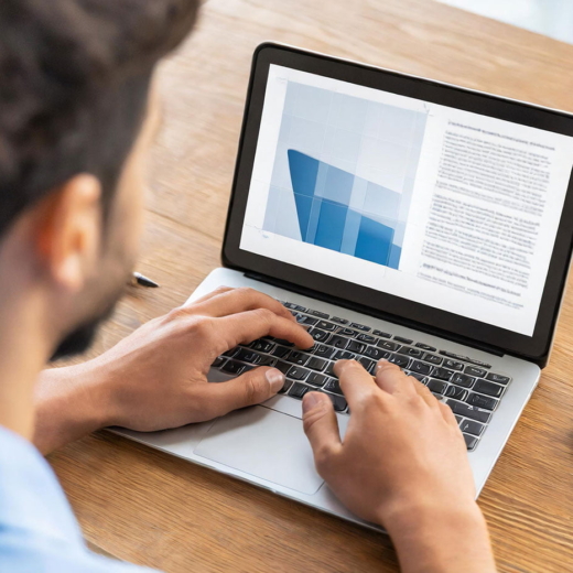 Foto de um documento na tela de um notebook; em cima de uma mesa de madeira; uma pessoa parcialmente visível está digitando.